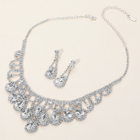 Clear, Silver Teardrop Stone Embellished Rhinestone Paved Collar Necklace