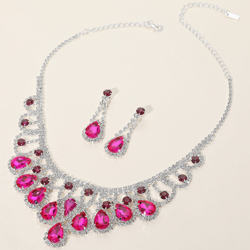 Fuchsia, Silver Teardrop Stone Embellished Rhinestone Paved Collar Necklace