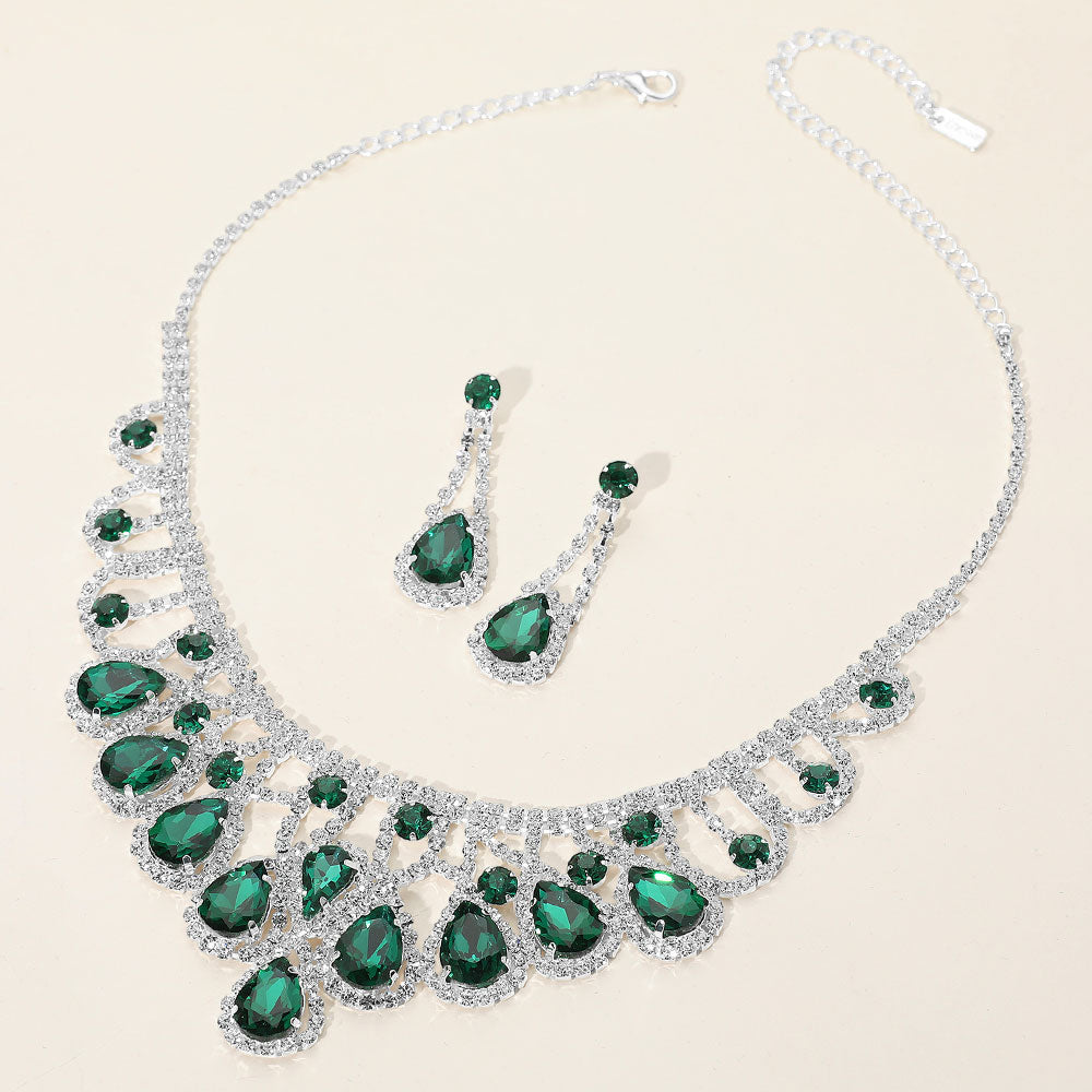 Green, Silver Teardrop Stone Embellished Rhinestone Paved Collar Necklace