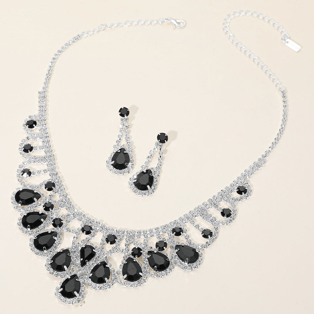 Jet Black, Silver Teardrop Stone Embellished Rhinestone Paved Collar Necklace