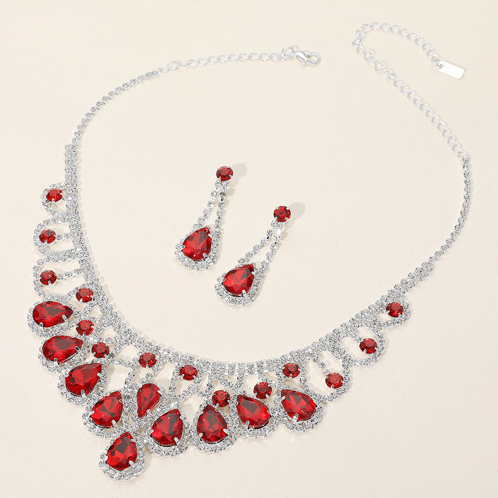 Red, Silver Teardrop Stone Embellished Rhinestone Paved Collar Necklace