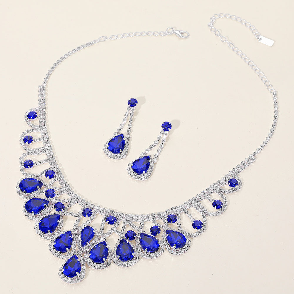 Sapphire, Silver Teardrop Stone Embellished Rhinestone Paved Collar Necklace