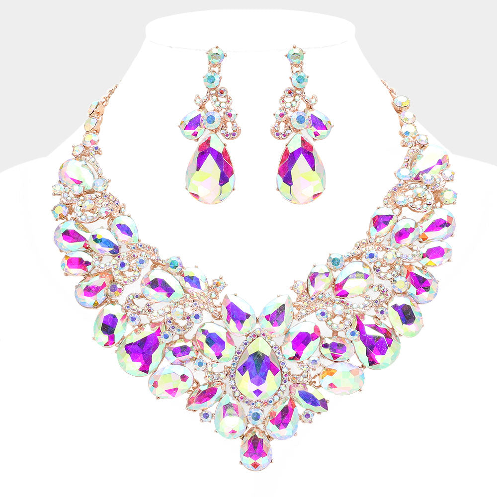 AB, Rose Gold Teardrop Stone Embellished Statement Evening Necklace