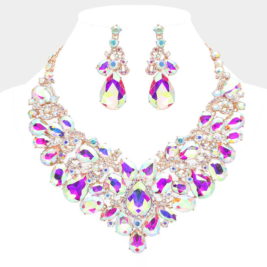 AB, Rose Gold Teardrop Stone Embellished Statement Evening Necklace
