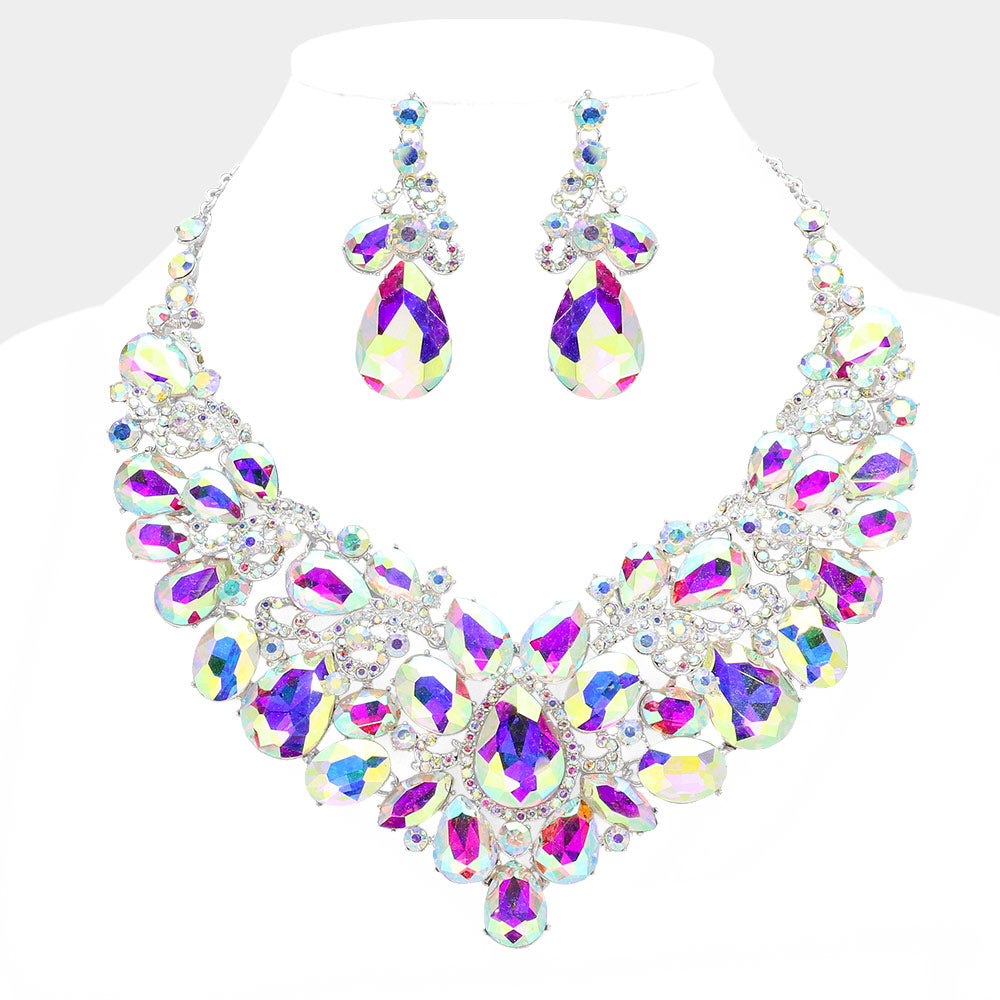 AB, Silver Teardrop Stone Embellished Statement Evening Necklace