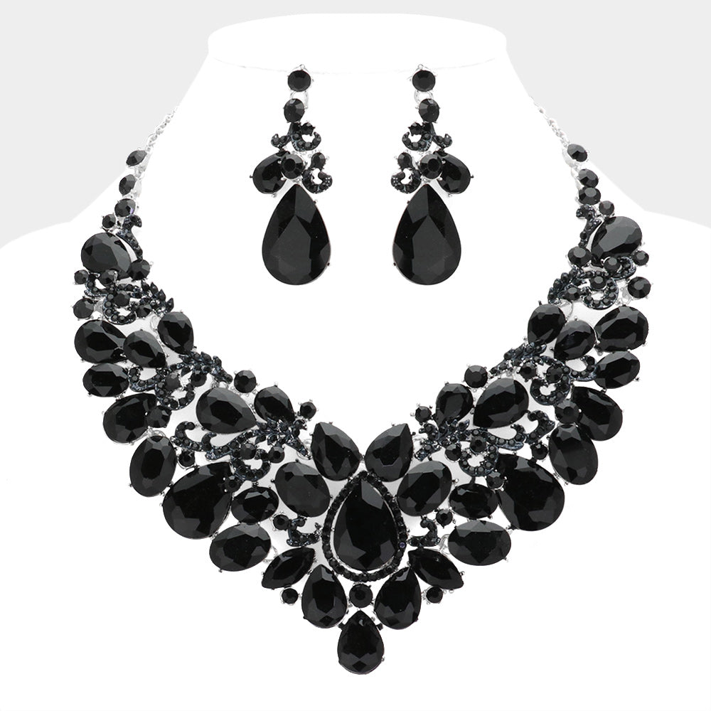 Black, Silver Teardrop Stone Embellished Statement Evening Necklace