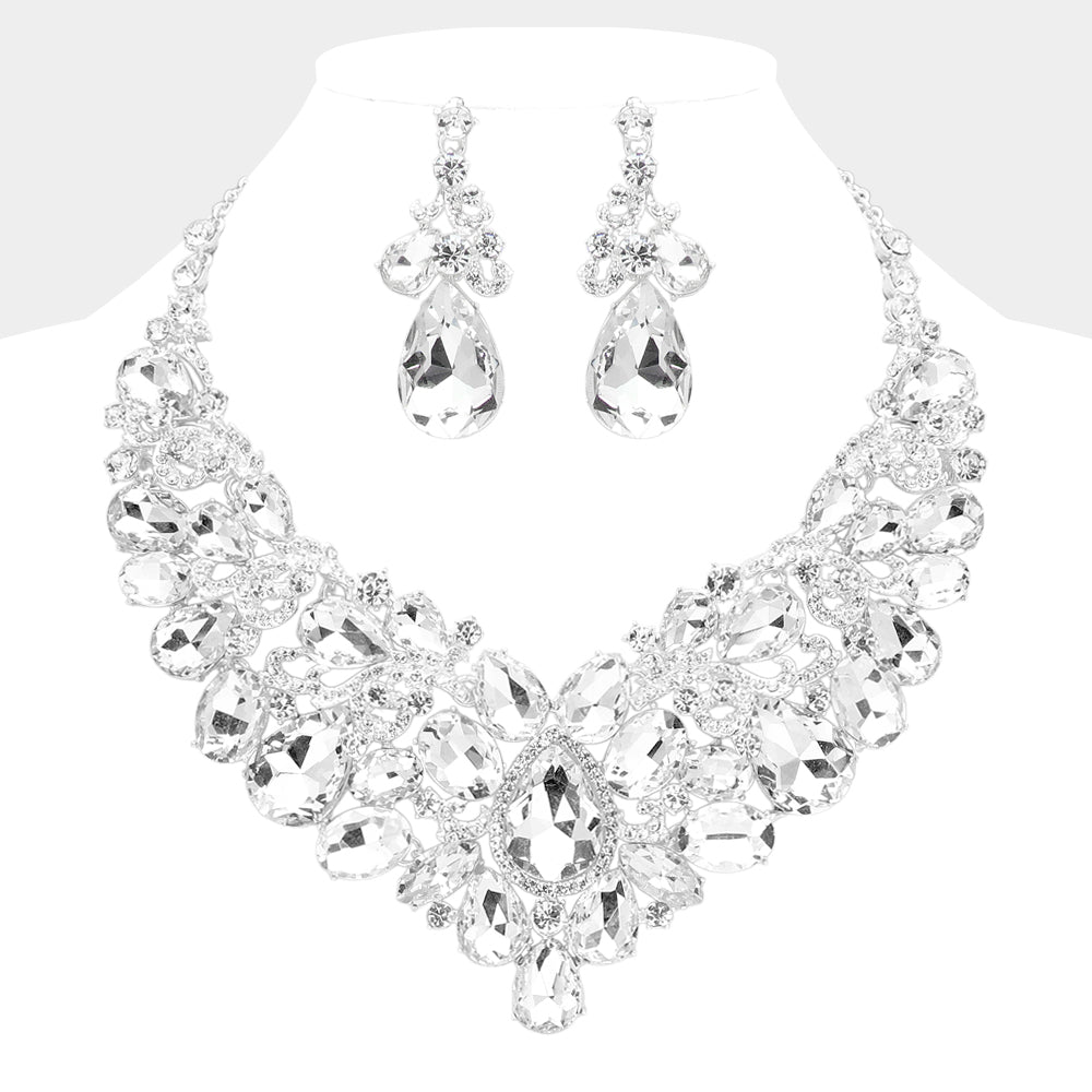 Clear, Silver Teardrop Stone Embellished Statement Evening Necklace