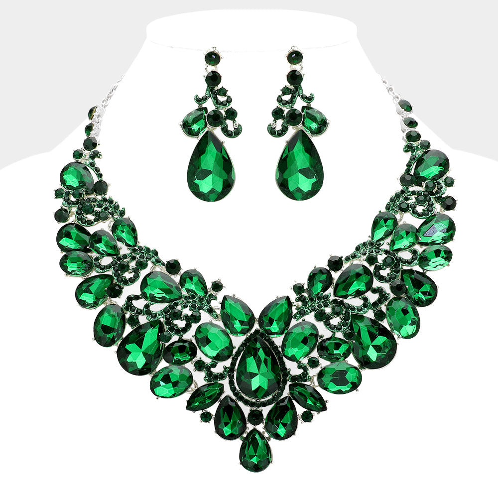 Emerald, Silver Teardrop Stone Embellished Statement Evening Necklace