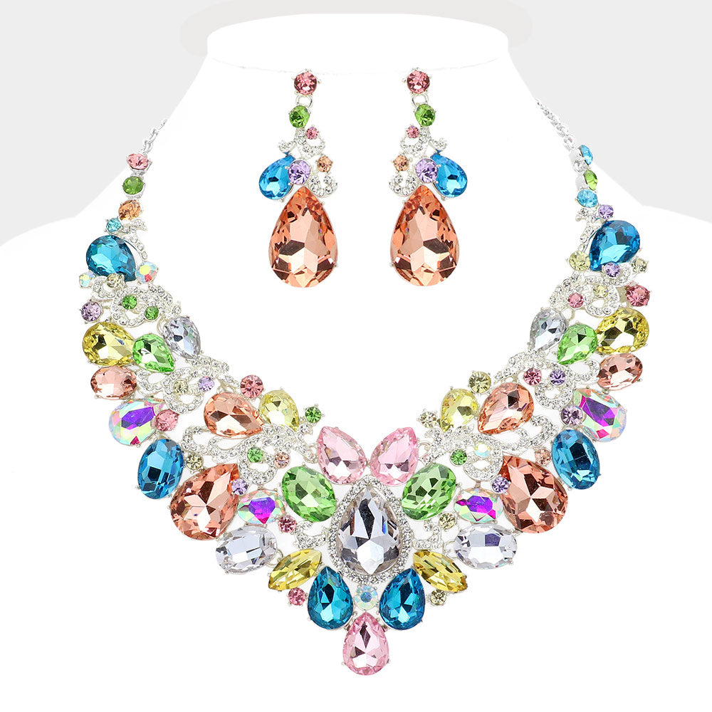 Multi, Silver Teardrop Stone Embellished Statement Evening Necklace