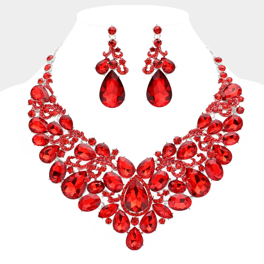 Red, Silver Teardrop Stone Embellished Statement Evening Necklace