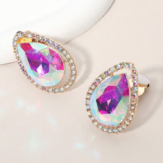 AB, Gold Teardrop Stone Evening Clip On Earrings