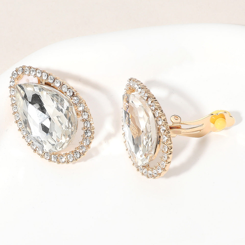 Clear, Gold Teardrop Stone Evening Clip On Earrings