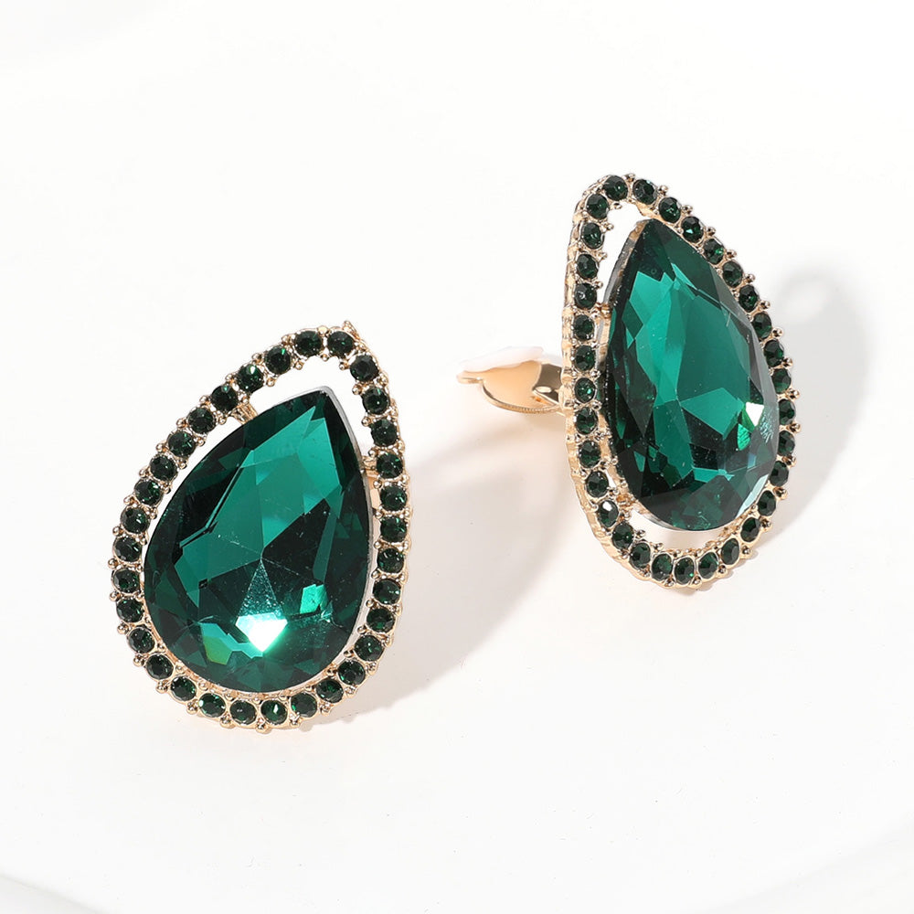 Emerald, Gold Teardrop Stone Evening Clip On Earrings