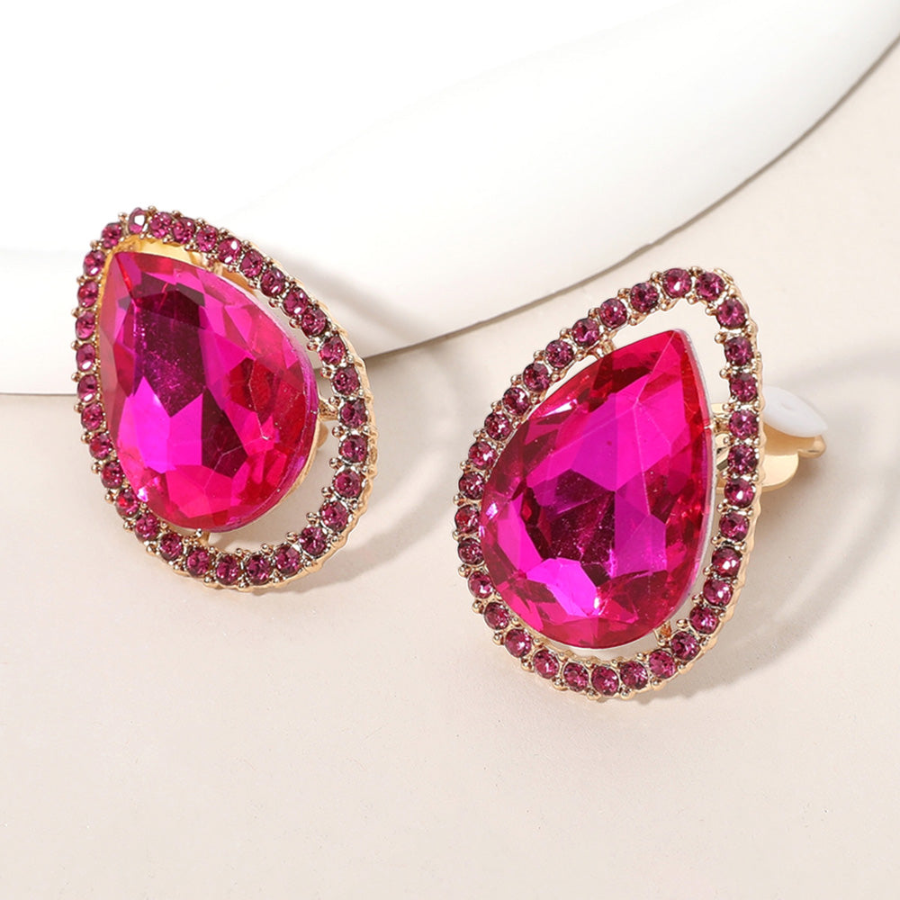 Fuchsia, Gold Teardrop Stone Evening Clip On Earrings