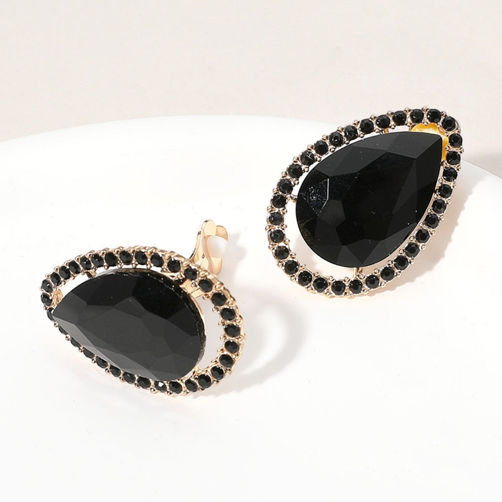 Gold, Jet Black Teardrop Stone Evening Clip On Earrings