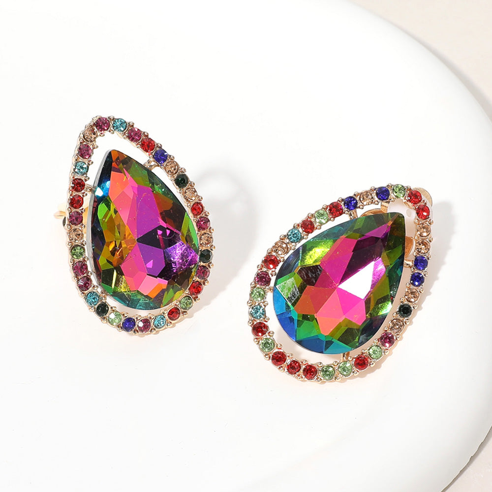 Gold, Multi Teardrop Stone Evening Clip On Earrings