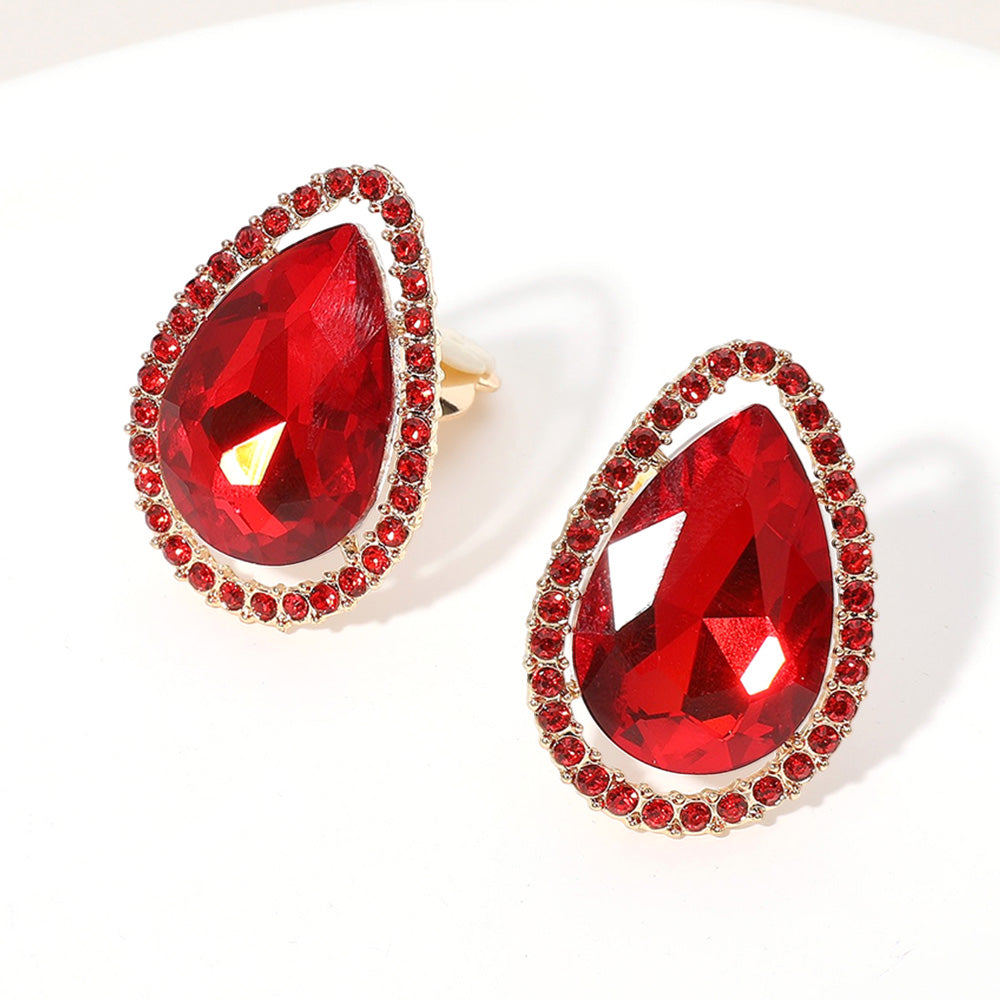 Gold, Siam Teardrop Stone Evening Clip On Earrings