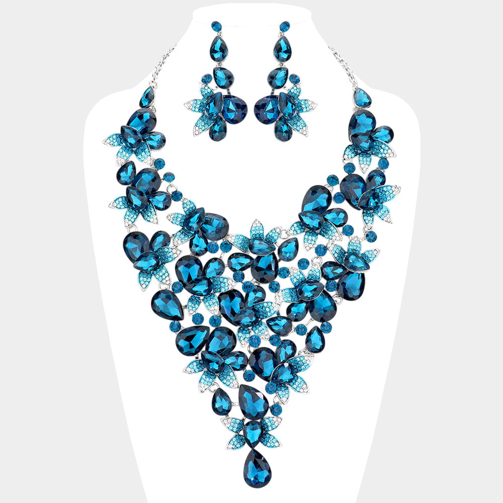 Blue Zircon Teardrop Stone Leaf Cluster Vine Statement Evening Necklace