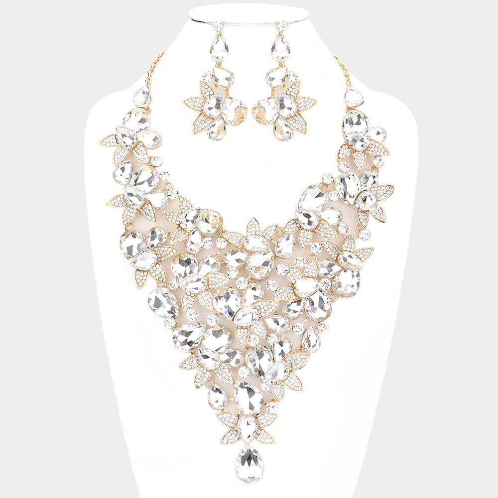 Gold Teardrop Stone Leaf Cluster Vine Statement Evening Necklace