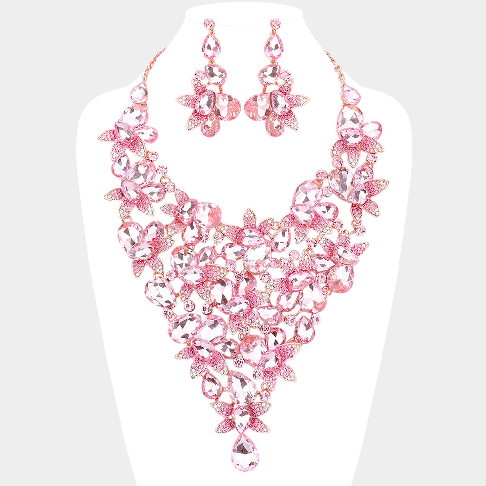 Pink, Rose Gold Teardrop Stone Leaf Cluster Vine Statement Evening Necklace