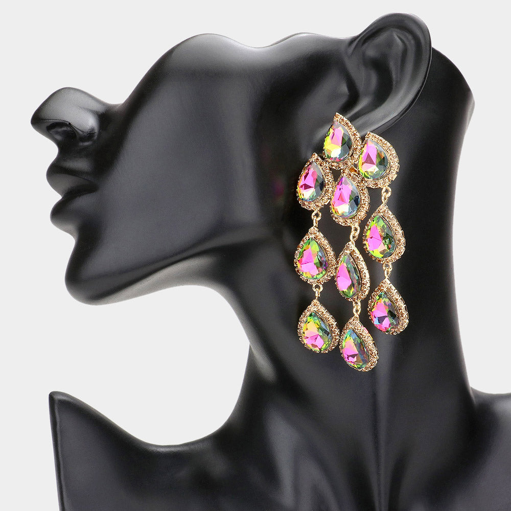  Teardrop Stone Link Dangle Clip on Evening Earrings