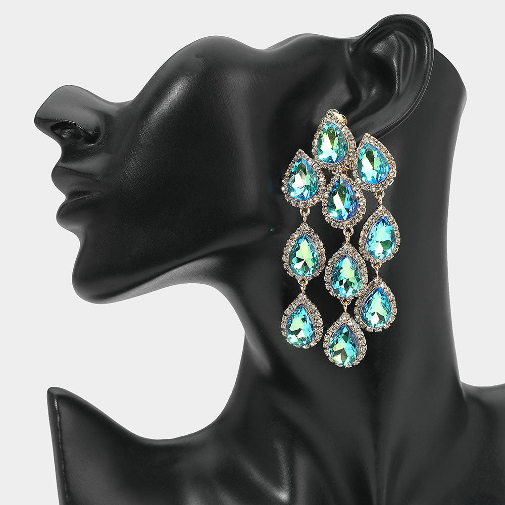 AB, Olive Green Teardrop Stone Link Dangle Clip on Evening Earrings