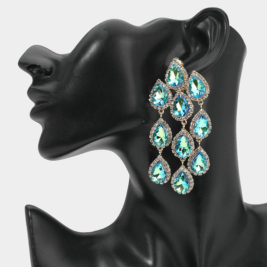 AB, Olive Green Teardrop Stone Link Dangle Clip on Evening Earrings