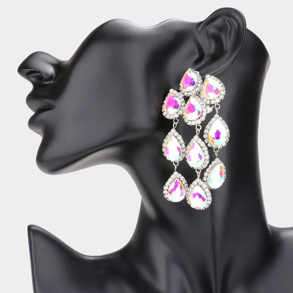 AB, Silver Teardrop Stone Link Dangle Clip on Evening Earrings
