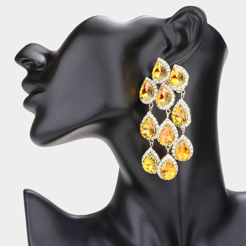 AB, Yellow Teardrop Stone Link Dangle Clip on Evening Earrings