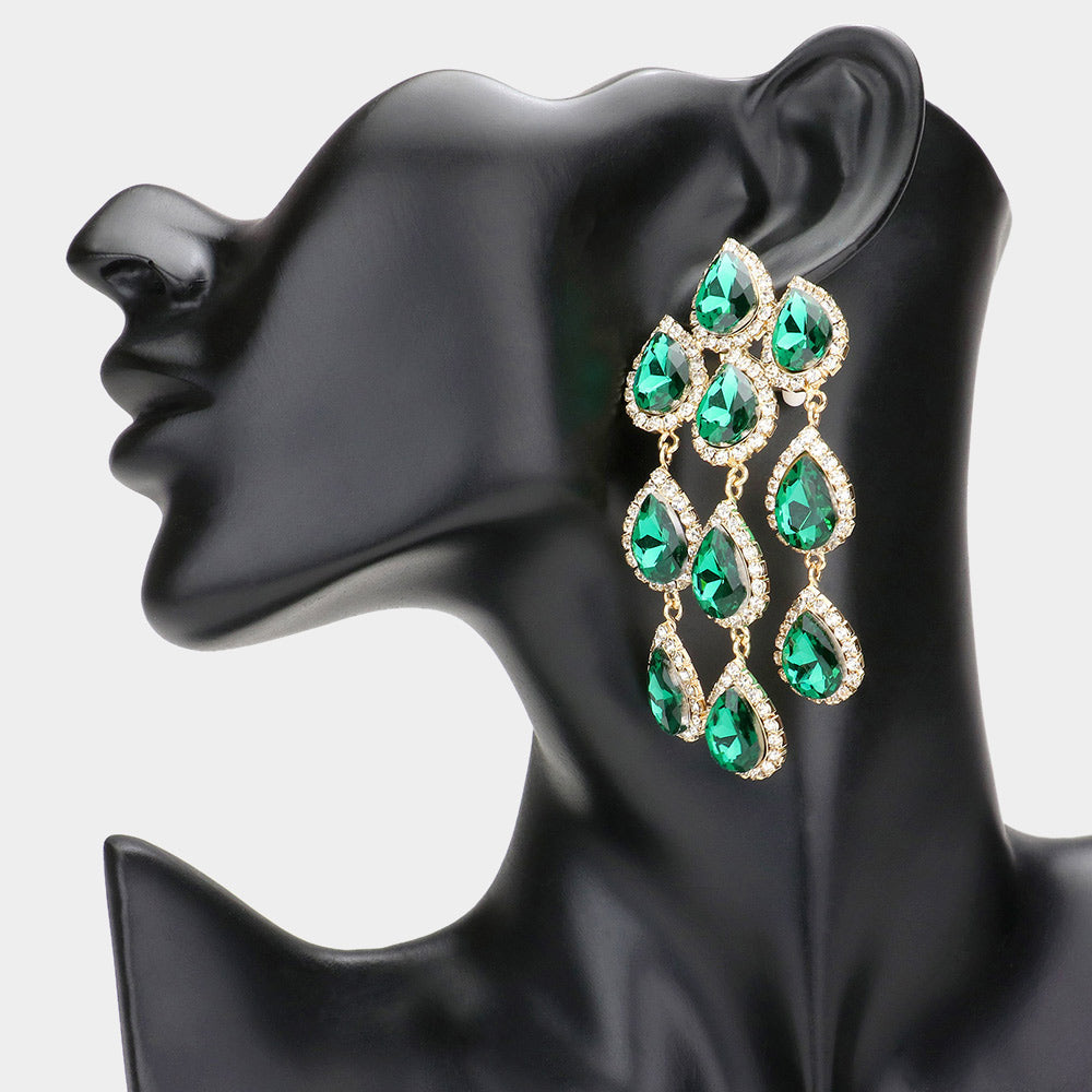 Emerald Teardrop Stone Link Dangle Clip on Evening Earrings