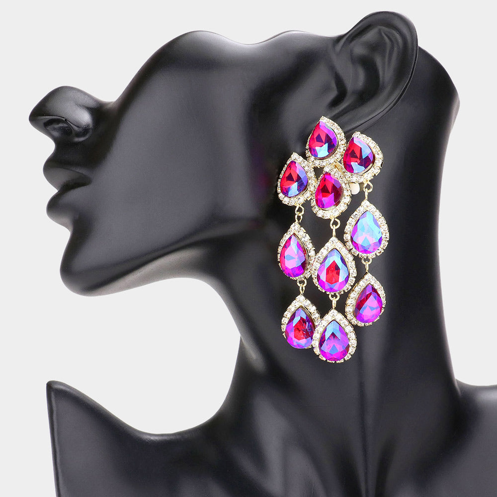 Fuchsia Teardrop Stone Link Dangle Clip on Evening Earrings