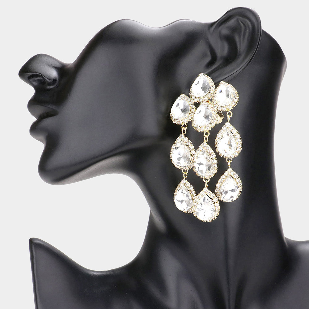 Gold Teardrop Stone Link Dangle Clip on Evening Earrings