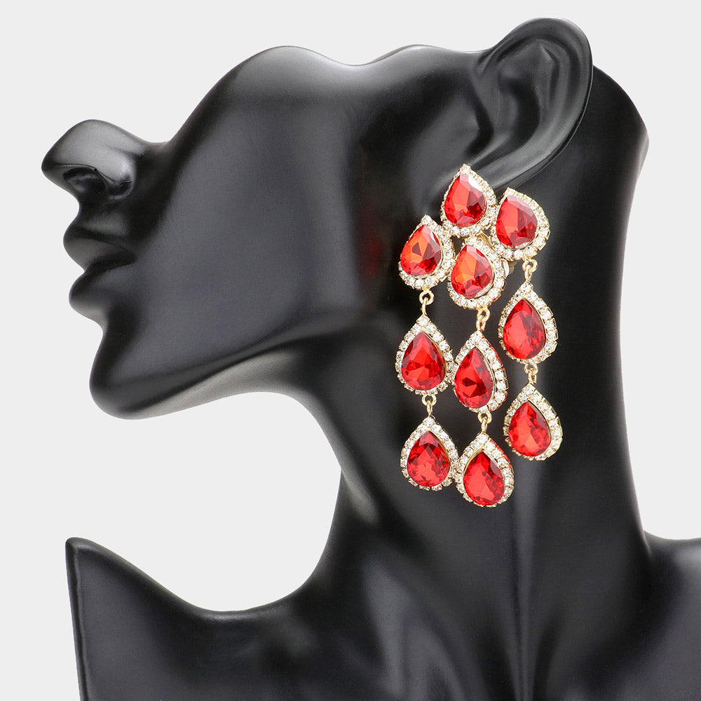 Red Teardrop Stone Link Dangle Clip on Evening Earrings
