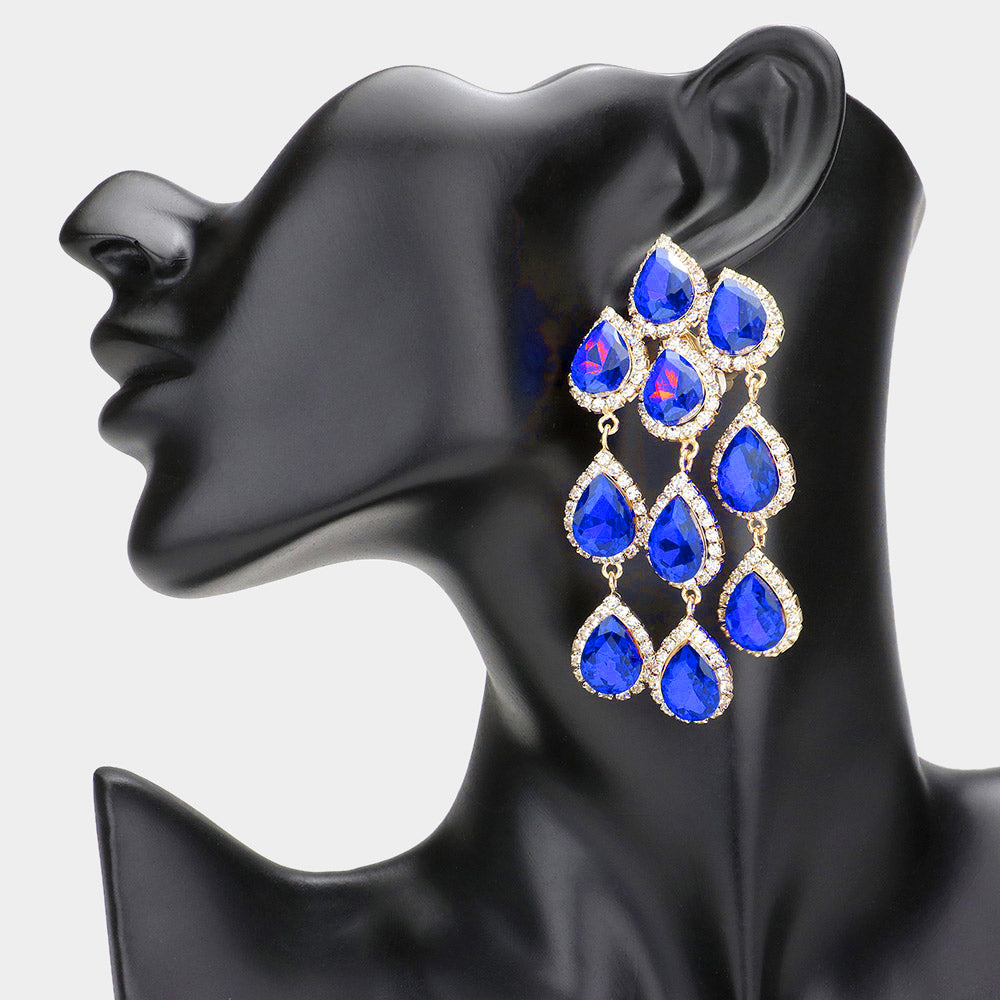 Sapphire Teardrop Stone Link Dangle Clip on Evening Earrings
