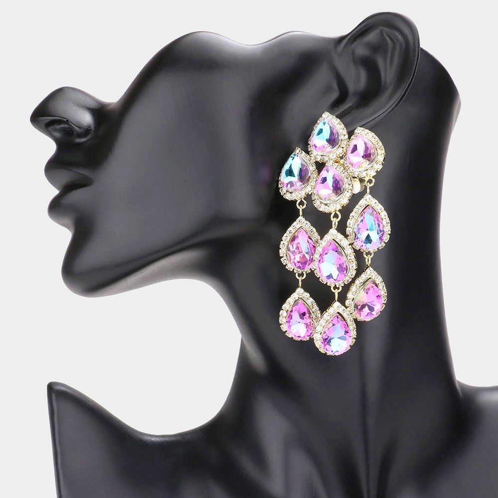 Violet Teardrop Stone Link Dangle Clip on Evening Earrings