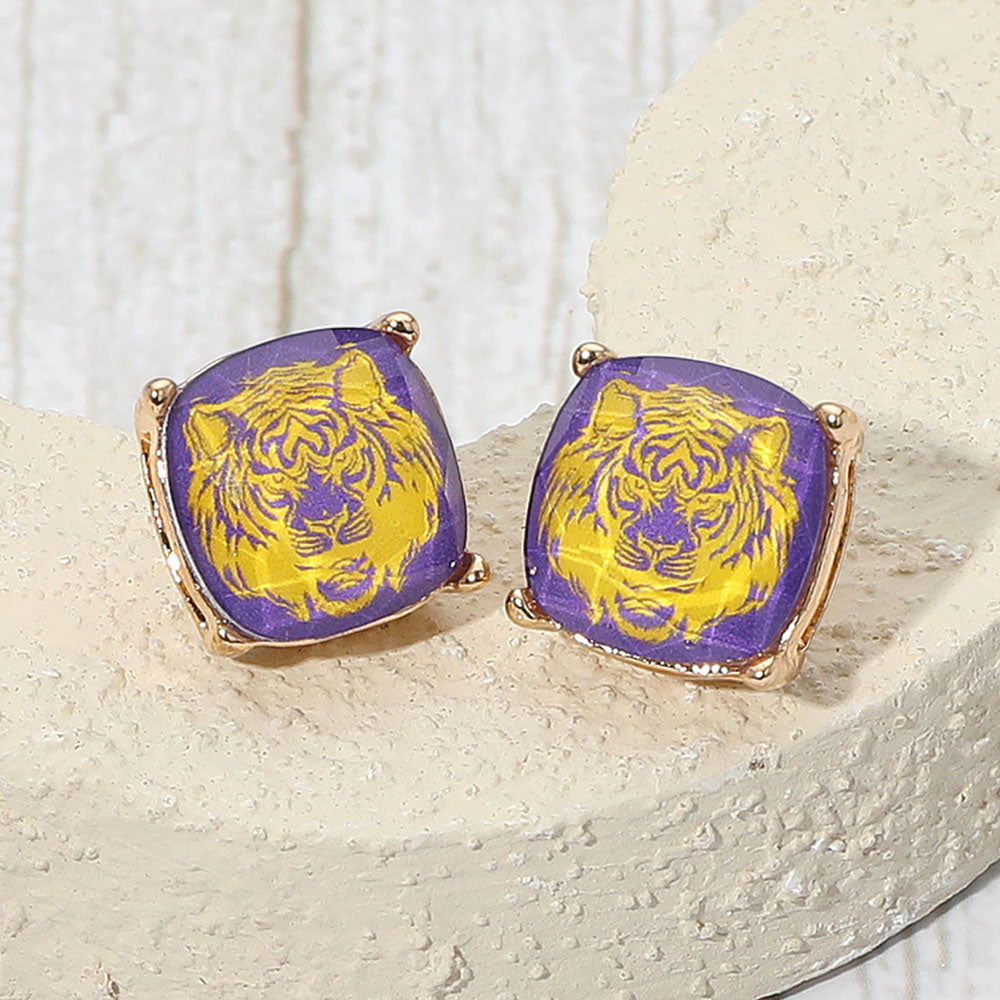 Purple Tiger Face Printed Game Day Cushion Square Stud Earrings