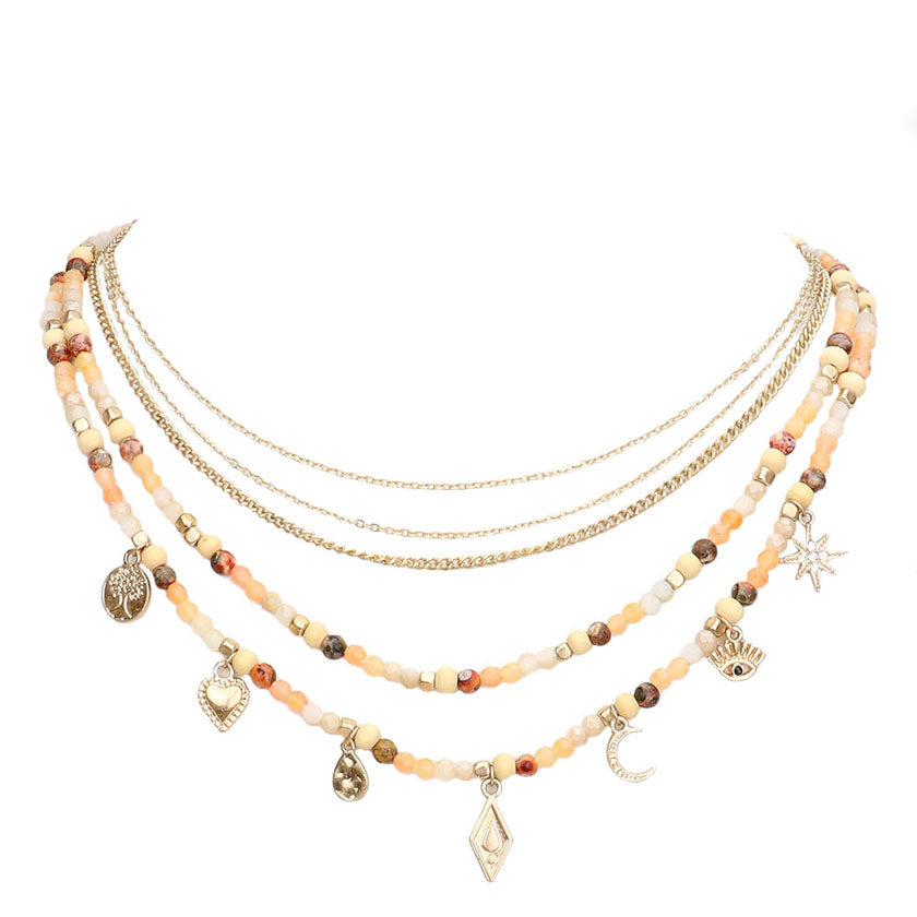 Neutral Tree of Life Heart Teardrop Crescent Moon Evil Eye North Star Pendant Station Multi Layered Necklace. Beautifully crafted design adds a gorgeous glow to any outfit. Jewelry that fits your lifestyle! Perfect Birthday Gift, Anniversary Gift, Mother's Day Gift, Anniversary Gift, Graduation Gift,  Just Because Gift.