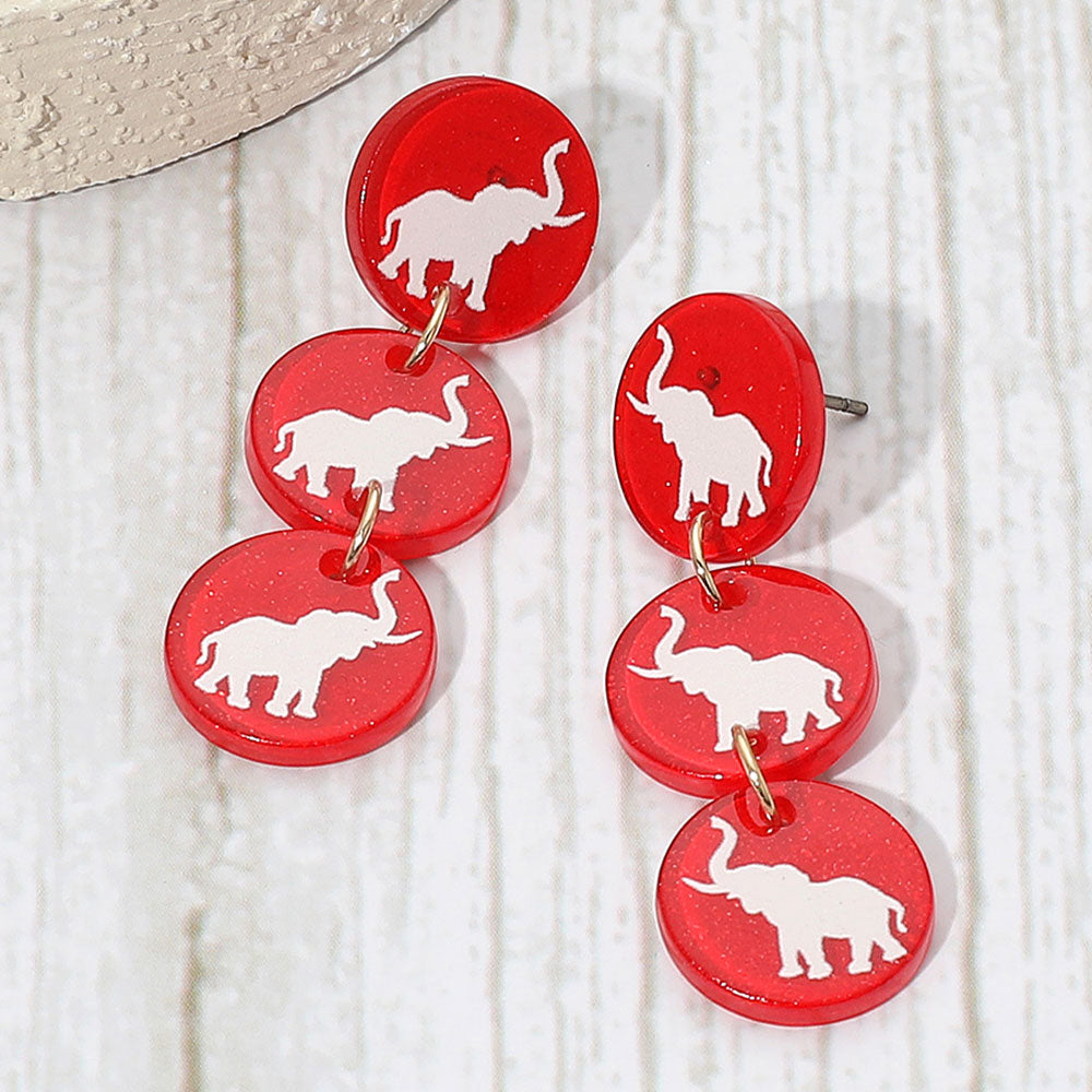 Red Triple Elephant Disc Game Day Style Drop Earrings