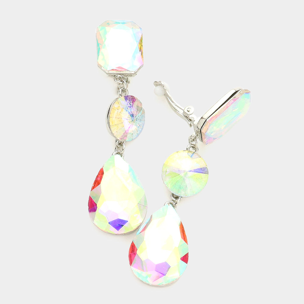 AB, Silver Triple Glass Crystal Drop Clip On Earrings