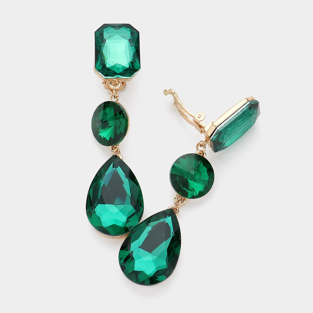 Emerald Triple Glass Crystal Drop Clip On Earrings