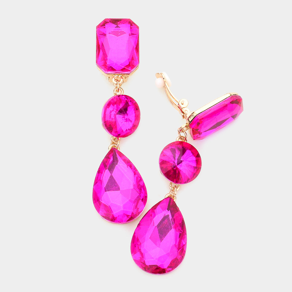 Fuchsia Triple Glass Crystal Drop Clip On Earrings