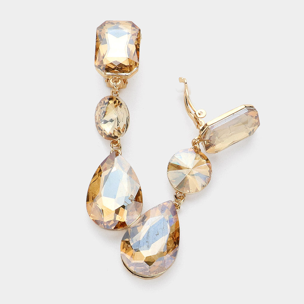 Gold, Lt Col Topaz Triple Glass Crystal Drop Clip On Earrings