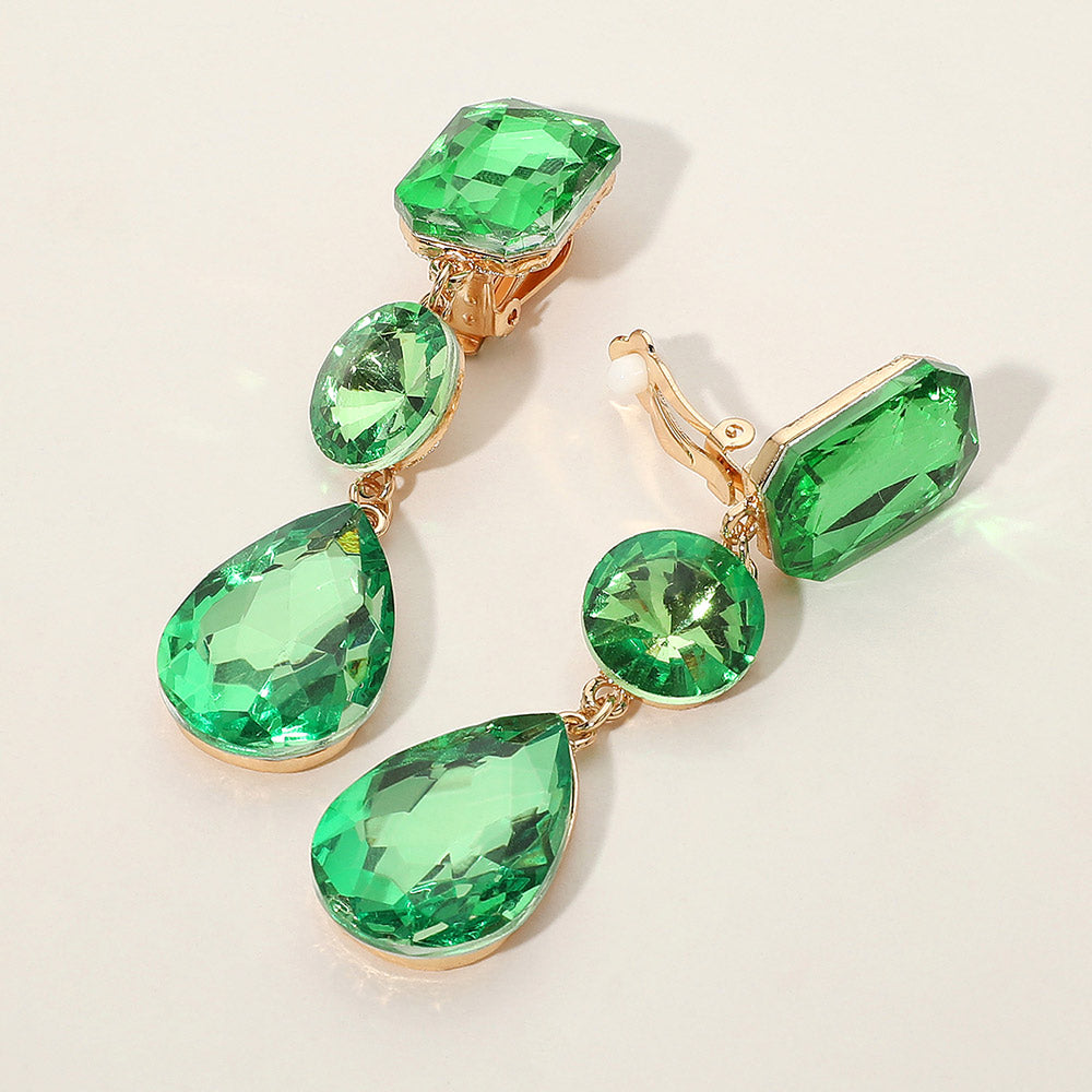 Olive Green Triple Glass Crystal Drop Clip On Earrings