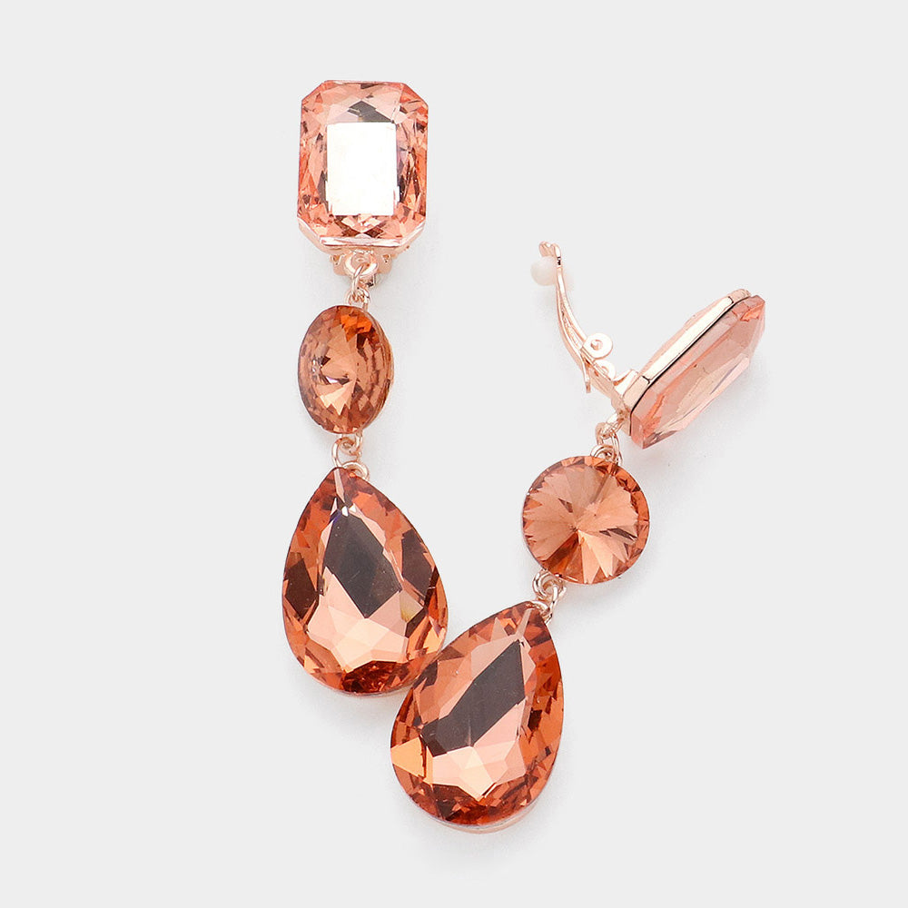 Peach, Rose Gold Triple Glass Crystal Drop Clip On Earrings