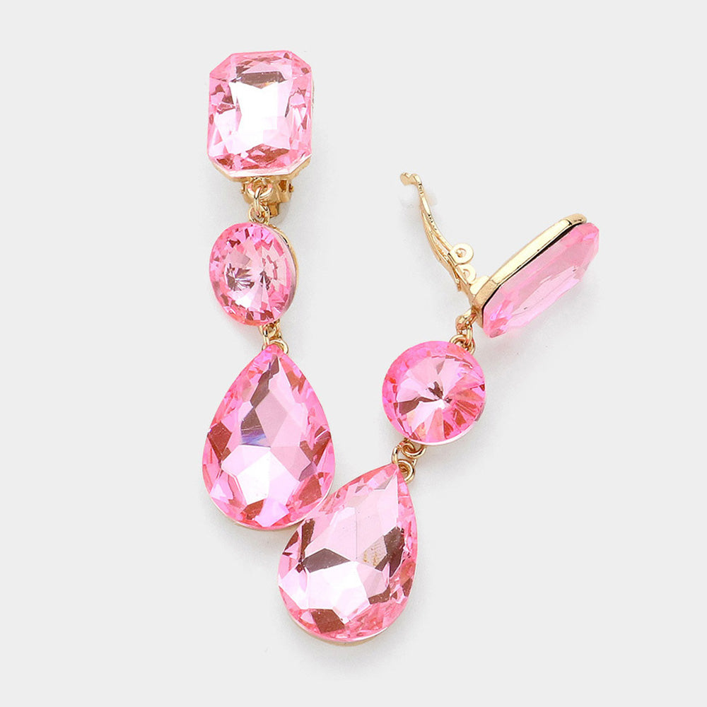 Pink Triple Glass Crystal Drop Clip On Earrings