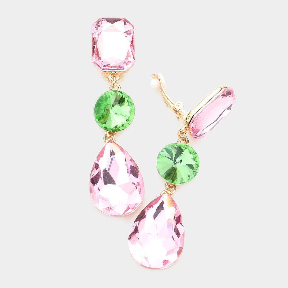 Pink&Green Triple Glass Crystal Drop Clip On Earrings