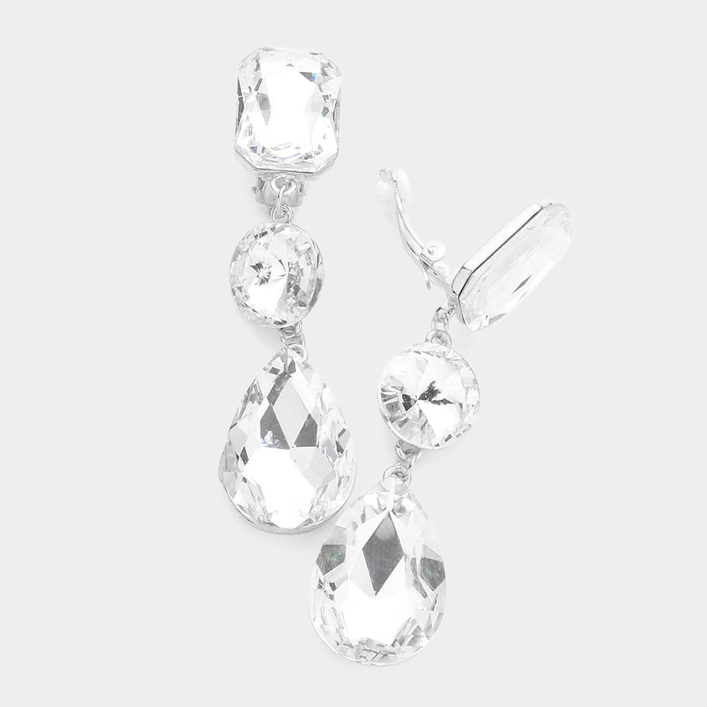 Rhodium Triple Glass Crystal Drop Clip On Earrings