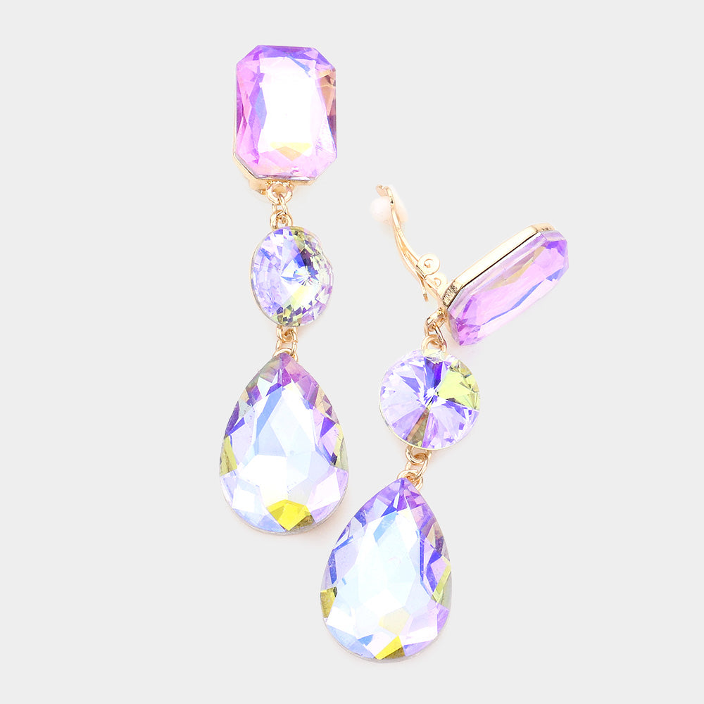 Violet Triple Glass Crystal Drop Clip On Earrings
