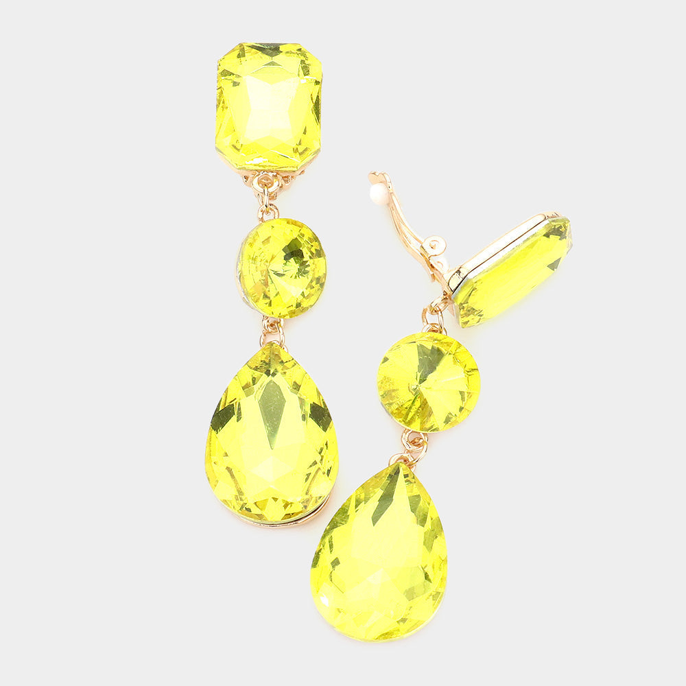 Yellow Triple Glass Crystal Drop Clip On Earrings