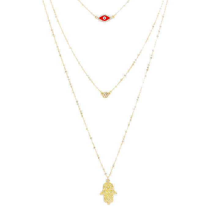 Triple Layered Crystal Evil Eye Hamsa Hand Pendant Necklace, belief says when someone eyes your good fortune with jealousy or gluttony, bad luck in some form is bound to befall you, the evil eye necklace is seen as a symbol to protect & ward off negative energy. Hamsa Hand brings its owner happiness, luck, health & good fortune, wearing this can bring you good luck! Great gift: Vacation, Birthday, Anniversary, Christmas, Just Because, Valentine's, Mother's day, Easter